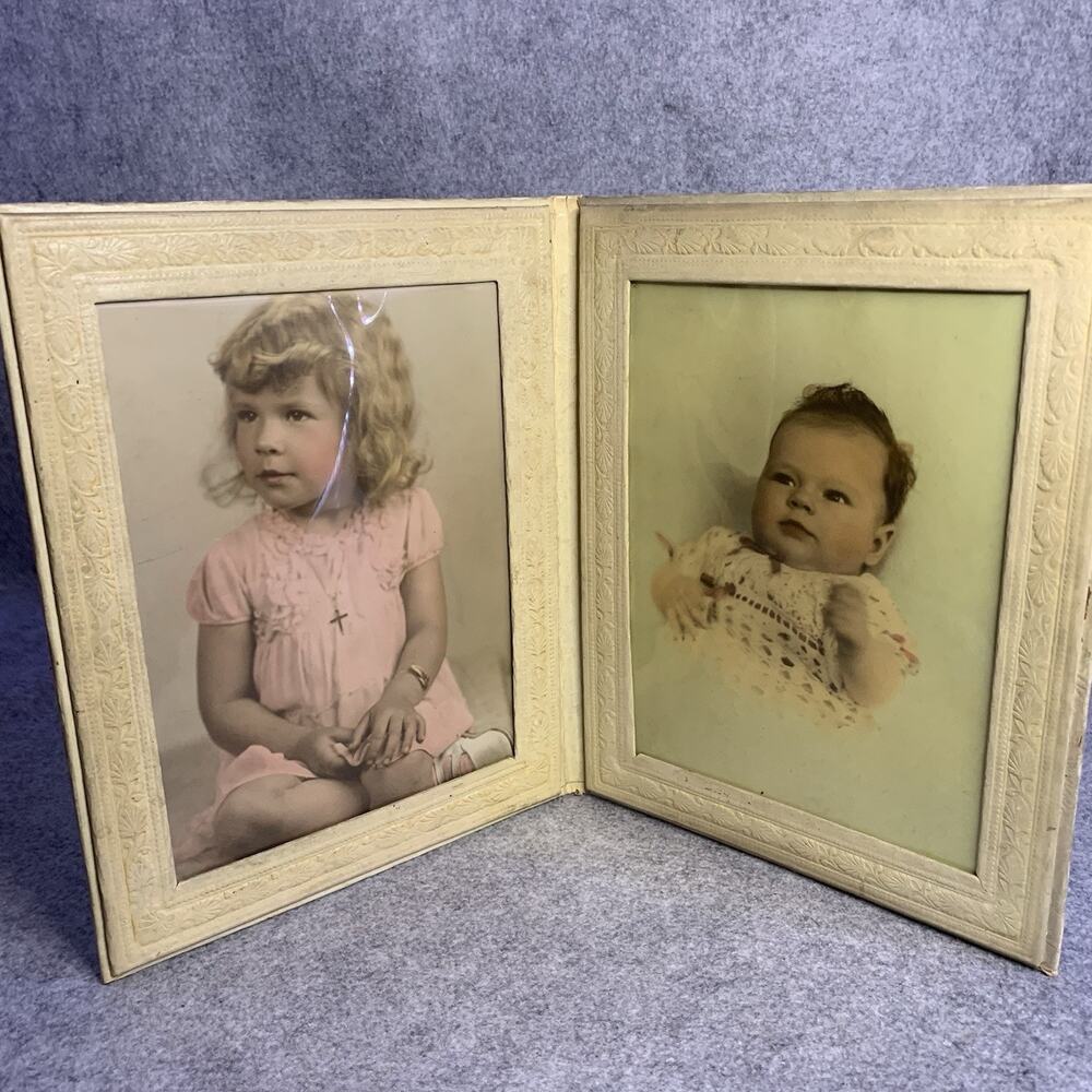 Vintage Portraits Leather Folio Two Hand Tinted Photos Young Girl 1950's Retro